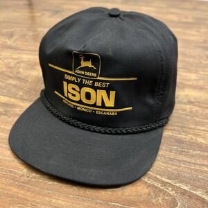 John Deere Ison Equipment Simply the Best Black Yellow Trucker Hat Vtg SnapBack